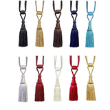 Set of colorful curtain tiebacks with tassels in various colors on a white background