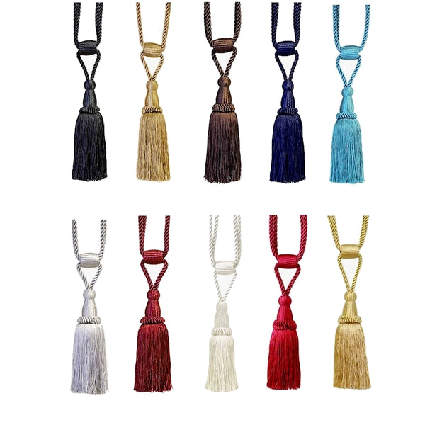 Set of colorful curtain tiebacks with tassels in various colors on a white background