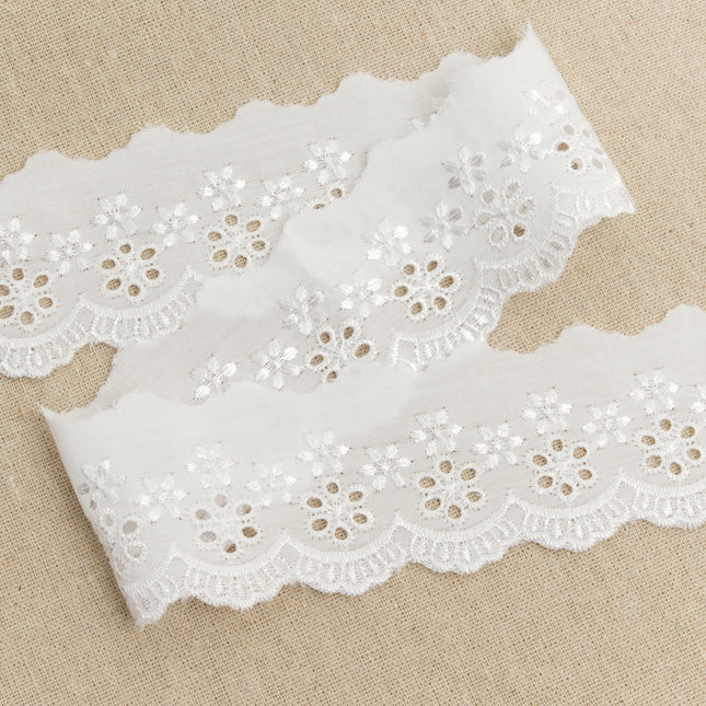 Broderie Anglaise on a hessian background