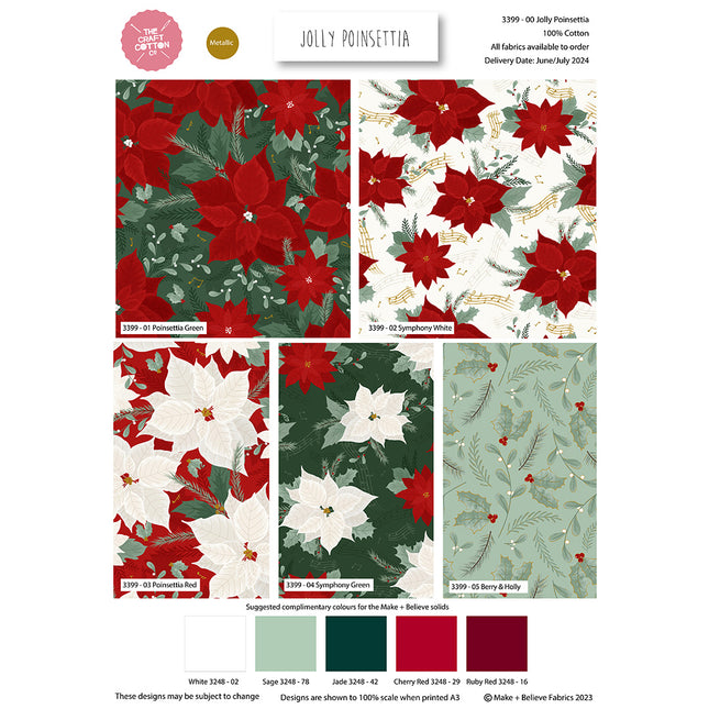 Christmas Cotton Fat Quarters Metallic Jolly Poinsettia 5 Pk Quilt Bundle 3399