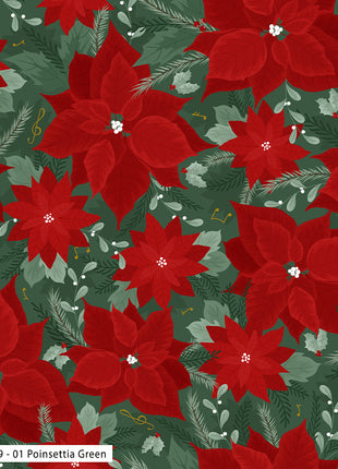 Pattern of red poinsettias and green leaves on a fabric swatch with a ruler for scale.