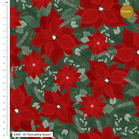 Pattern of red poinsettias and green leaves on a fabric swatch with a ruler for scale.