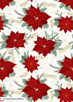 Pattern of red poinsettias and musical notes on a white background with a ruler for scale.
