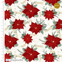 Pattern of red poinsettias and musical notes on a white background with a ruler for scale.