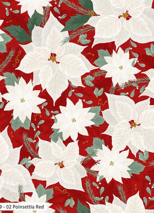 Pattern of white poinsettias on a red background with a ruler for scale.