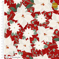 Pattern of white poinsettias on a red background with a ruler for scale.