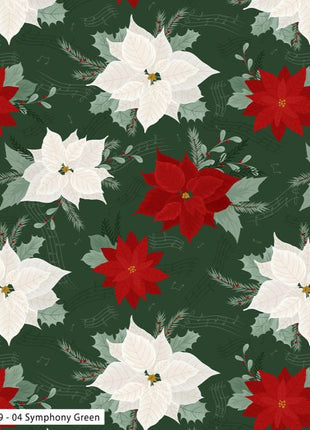 Pattern of red and white poinsettias on a green background with a ruler for scale.