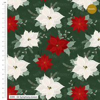 Pattern of red and white poinsettias on a green background with a ruler for scale.