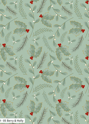 Festive fabric pattern with holly leaves and berries on a light blue background, featuring a ruler for scale.