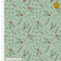 Festive fabric pattern with holly leaves and berries on a light blue background, featuring a ruler for scale.