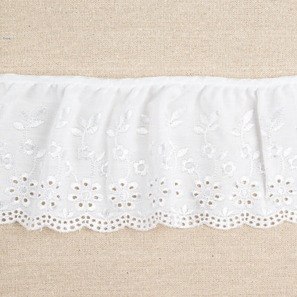 White eyelet lace ruffle trim with floral embroidery and scalloped edge, laid flat on a beige burlap background.