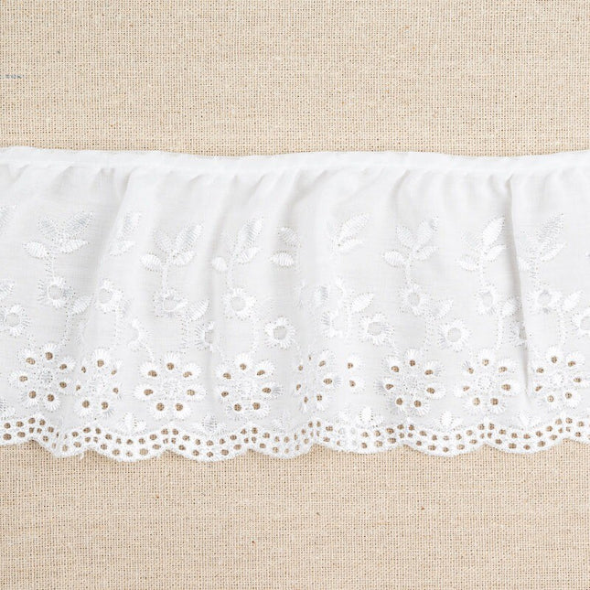 White eyelet lace ruffle trim with floral embroidery and scalloped edge, laid flat on a beige burlap background.
