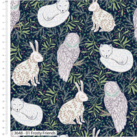 Pattern of white animals on a dark blue background with green leaves.