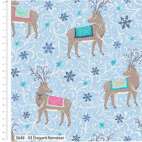 Pattern of reindeer and snowflakes on a blue background with a ruler for scale.