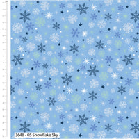 Pattern of snowflakes and stars on a blue background with a ruler on the side.