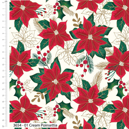 Christmas Cotton Quilting Fabric Holly & Poinsettia Cream 112cm Wide 3654