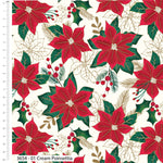 Christmas Cotton Quilting Fabric Holly & Poinsettia Cream 112cm Wide 3654
