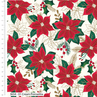 Christmas Cotton Quilting Fabric Holly & Poinsettia Cream 112cm Wide 3654