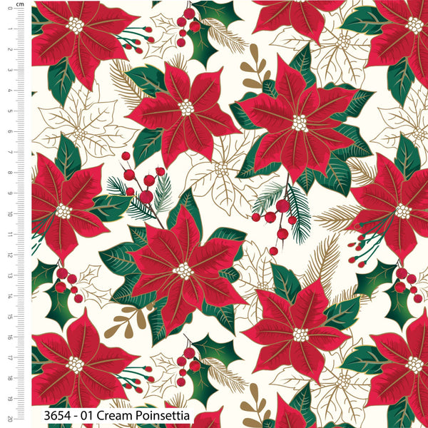 Christmas Cotton Quilting Fabric Holly & Poinsettia Cream 112cm Wide 3654