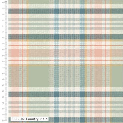 A close-up of a country plaid fabric pattern with soft pastel stripes in sage green, dusty blue, blush pink, and cream, with a ruler scale on the left and a label reading '3805-02 Country Plaid' at the bottom.