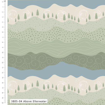 A repeating landscape pattern with layered hills, trees, and winding blue water in muted sage green, cream, and dusty blue tones. A ruler scale appears along the left edge, and a label at the bottom reads “3805-04 Above Elterwater.