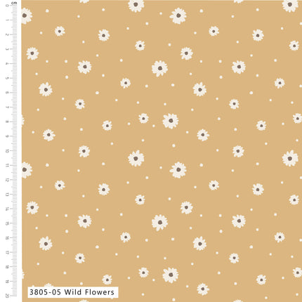 A tan fabric or wallpaper swatch with a repeating pattern of small white daisies and white dots, shown with a cm ruler along the left edge and a label reading 3805-05 Wild Flowers.