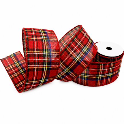A roll of red tartan plaid ribbon with yellow, blue, and white stripes, shown partially unrolled on a white background.