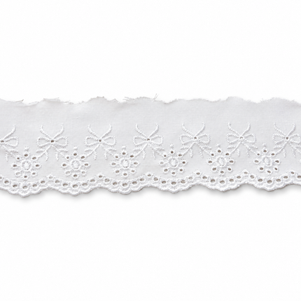 White eyelet lace trim with a scalloped edge and embroidered bow motifs, shown horizontally against a plain white background.