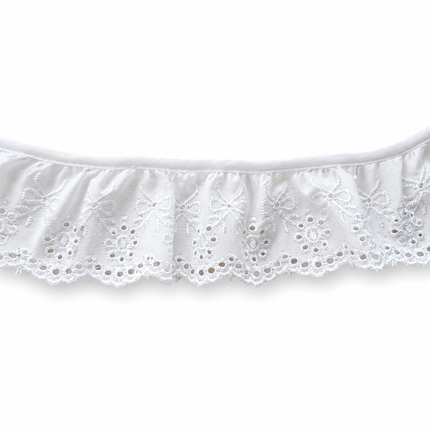 Frilled white eyelet lace ruffle trim with embroidered floral and geometric patterns, shown against a plain white background.