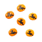 Set of six Halloween-themed orange buttons with black witch designs on a white background