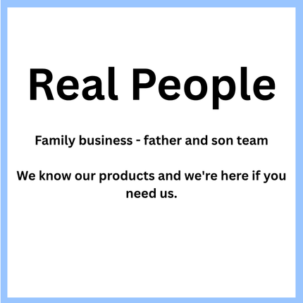A square graphic with a white center, black text reading 'Real People' and smaller text below saying 'Family business - father and son team' and 'We know our products and we're here if you need us.', framed by a light blue border.