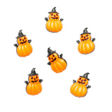 Set of six small orange pumpkins and witch buttons with black hats on a white background