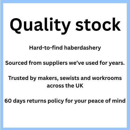 A promotional text graphic with a white background and light blue border. Large black text reads 'Quality stock' followed by smaller text about hard-to-find haberdashery, sourcing from reliable suppliers, trust across the UK, and a 60-day returns policy.