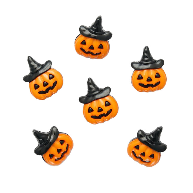 Set of six Halloween-themed pumpkin earrings with witch hats on a white background