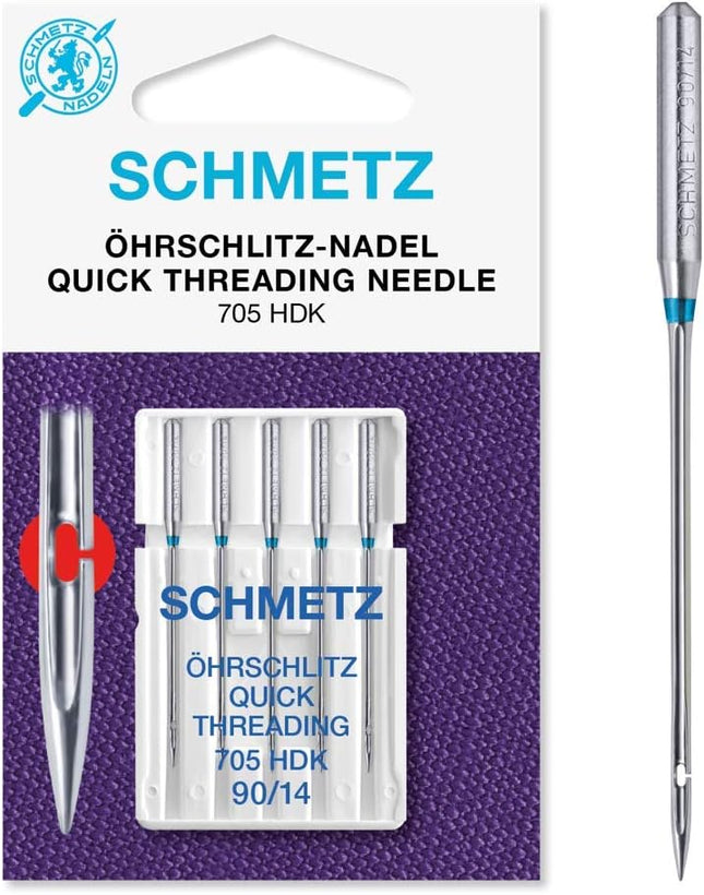 Packaging of SCHMETZ quick threading sewing machine needles for domestic machines, with one needle displayed in detail.