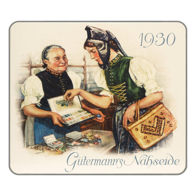A vintage-style illustrated product photo showing two women in traditional German clothing seated at a table with cards and a basket, with the text '1930' and 'Gütersmann's Nähseide' on a cream background with a gray border.