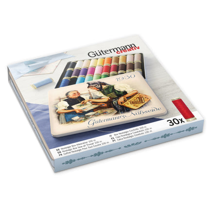 Gütermann Creativ thread box set containing 30 spools of thread, shown in its original illustrated packaging on a white background.