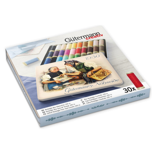 Gütermann Creativ thread box set containing 30 spools of thread, shown in its original illustrated packaging on a white background.