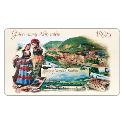 A vintage-style illustrated metal tin or plaque with a cream border and a multicolor scenic collage. The artwork shows two women in traditional dress, industrial buildings, hills, mountains, and the text 'Gutermanns Näbseite', '1895', and 'Schappe-Näbseite-Fabriken'.