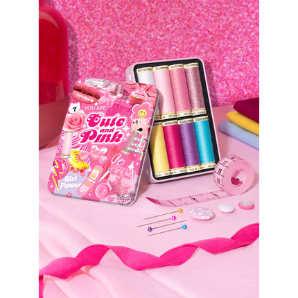 Gutermann Cute Pink Thread Storage Tin 7 Sew All 100m Reels Metallic 50m Set