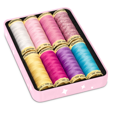 Gutermann Cute Pink Thread Storage Tin 7 Sew All 100m Reels Metallic 50m Set