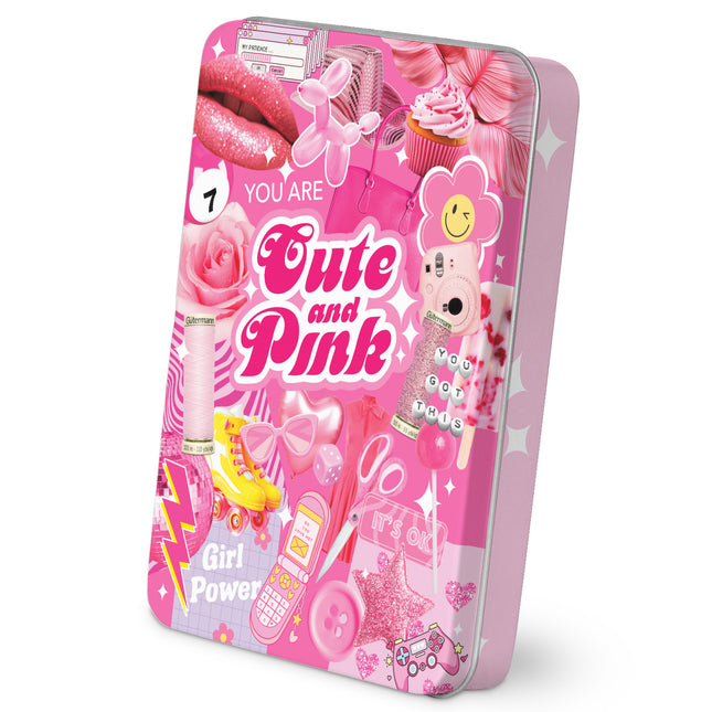 Gutermann Cute Pink Thread Storage Tin 7 Sew All 100m Reels Metallic 50m Set