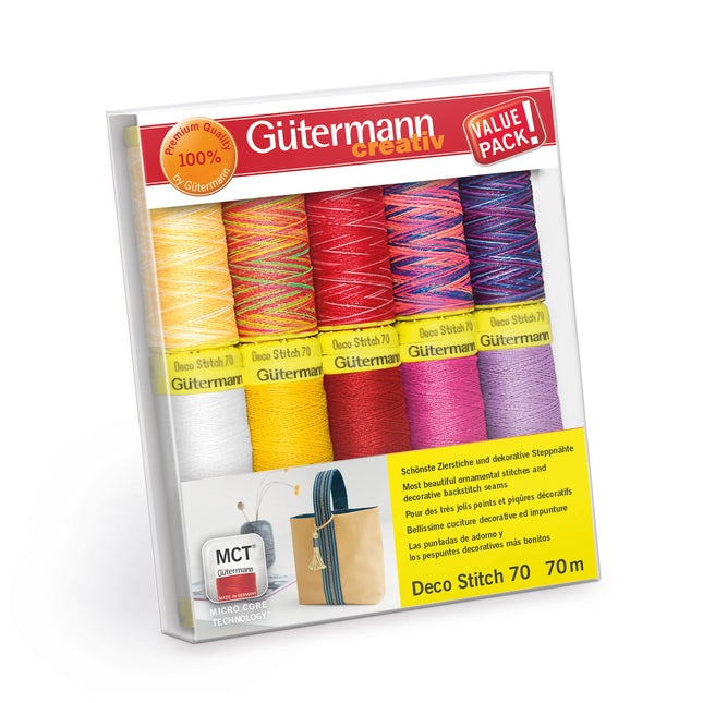 Gutermann Deco Stitch 70 Decorative Thread Set 10 Reels 70m Solid Multicolour