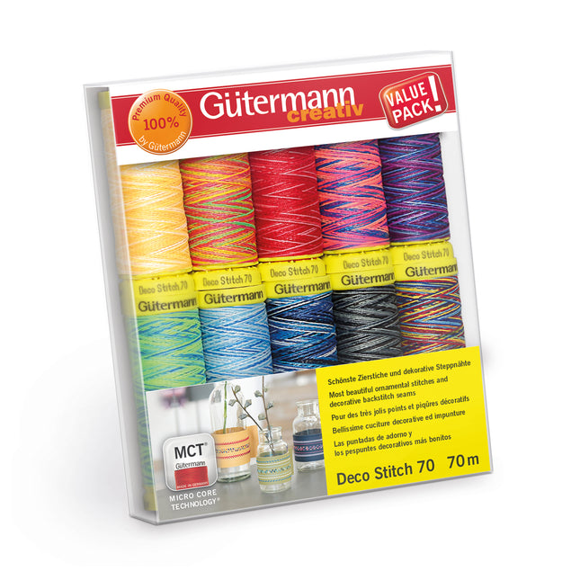 Gutermann Deco Stitch 70 Decorative Thread Set 10 Reels 70m Solid Multicolour