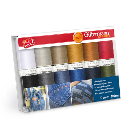 Gütermann Creativ denim sewing thread value pack containing 12 spools of thread in various colors, displayed in a clear plastic box with a red and blue label.
