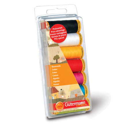 A packaged thread set in a clear plastic hanging package with a printed front label. The set contains multiple spools of thread in black, white, yellow, orange, red, pink, blue, and green, with a red circular sticker reading 'Preiswertel Price advantage' and the brand name 'Gütermann' visible on the package.