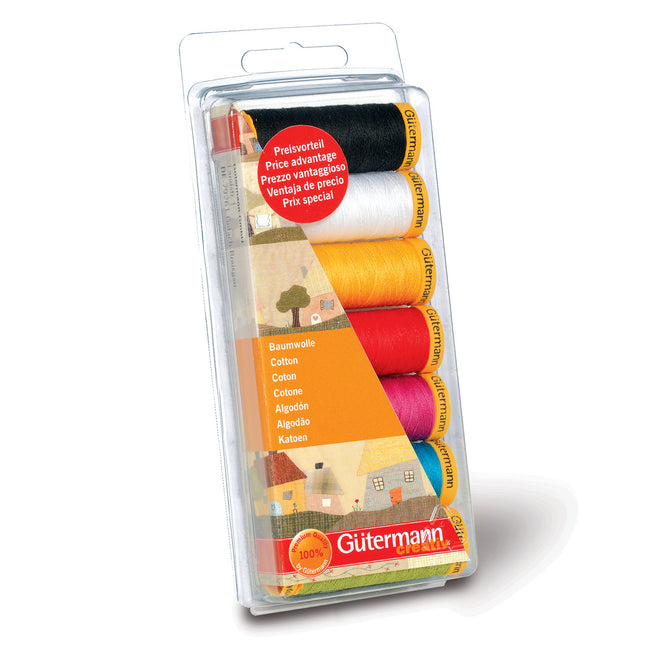 A packaged thread set in a clear plastic hanging package with a printed front label. The set contains multiple spools of thread in black, white, yellow, orange, red, pink, blue, and green, with a red circular sticker reading 'Preiswertel Price advantage' and the brand name 'Gütermann' visible on the package.