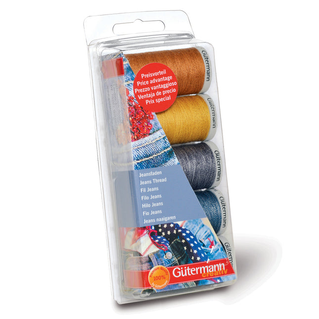 A packaged set of Gütermann sewing thread spools in a clear plastic hanging package on a white background. The package contains four thread colors: rust orange, mustard yellow, dark blue, and gray, with a blue label panel and red Gütermann branding.