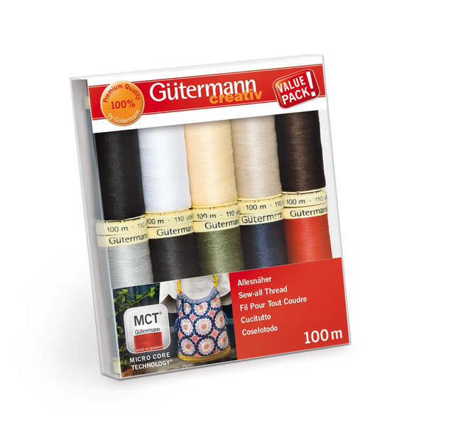 Gütermann Clear Value Pack sewing thread set in a clear plastic box with a red and white label, showing ten spools of thread in different colors.