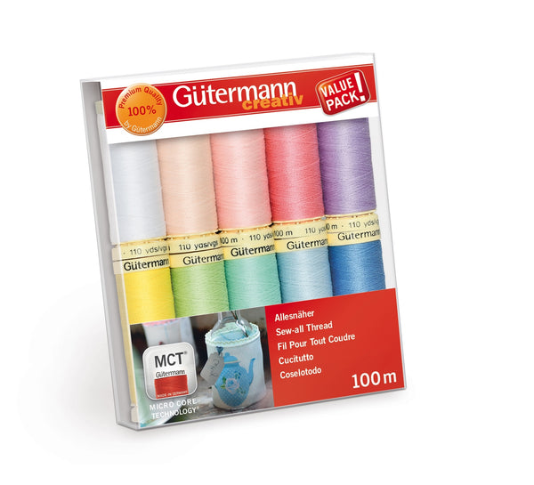 Gutermann thread set packaging with colorful threads and branding on a white background